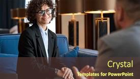  Presentation with business partner - Presentation with happy-middle-aged-businesswoman background and a tawny brown colored foreground