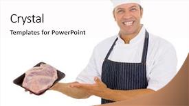  Presentation with butcher - Slide set consisting of happy middle aged butcher presenting raw meat isolated on white background and a white colored foreground