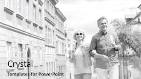  Presentation with ice cream cones - PPT theme with happy middle-aged couple holding ice cream cones while walking in city background and a light gray colored foreground