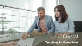  Presentation with car buying - PPT theme having happy-middle-aged-couple-signing background and a gray colored foreground