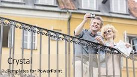  Presentation with selfie - PPT layouts featuring happy middle-aged couple taking selfie through digital camera against building background and a lemonade colored foreground