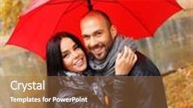  Presentation with rainy day - Slide set enhanced with happy middle-aged couple with umbrella outdoors on beautiful rainy autumn day background and a coral colored foreground