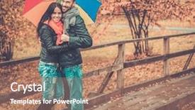  Presentation with rainy day - Cool new presentation with happy middle-aged couple with umbrella outdoors on beautiful rainy autumn day backdrop and a coral colored foreground
