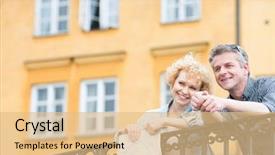  Presentation with aged map - PPT theme with happy middle-aged couple with map leaning on railing against building background and a coral colored foreground