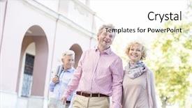  Presentation with aged map - Audience pleasing PPT theme consisting of happy middle-aged couple with map walking in city backdrop and a white colored foreground