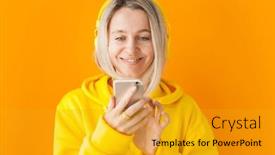  Presentation with dance music - Slides having happy-middle-aged-lady-relaxed background and a gold colored foreground