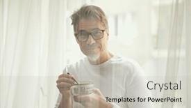  Presentation with aged - Presentation consisting of happy-middle-aged-man-drinking background and a light gray colored foreground