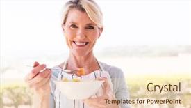  Presentation with aged - Colorful presentation theme enhanced with happy middle aged woman eating backdrop and a lemonade colored foreground