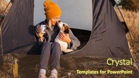  Presentation with campsite - PPT layouts featuring happy-middle-aged-woman-holding background and a tawny brown colored foreground