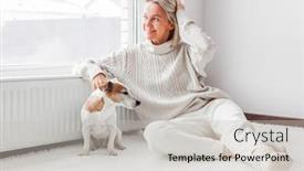  Presentation with living room - Slide set having happy-middle-aged-woman-sitting background and a  colored foreground