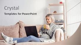  Presentation with aged - PPT theme consisting of happy-middle-aged-woman-using background and a light gray colored foreground