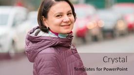  Presentation with russia city - Presentation design consisting of happy-middle-aged-woman background and a violet colored foreground