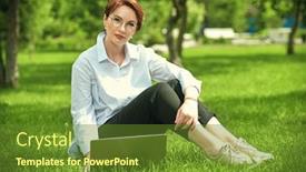  Presentation with green lawn - Colorful PPT theme enhanced with happy-middle-aged-woman backdrop and a tawny brown colored foreground