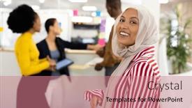  Presentation with corporation - Presentation theme enhanced with happy-middle-east-woman background and a coral colored foreground