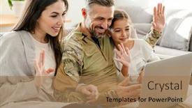  Presentation with military family - Beautiful theme featuring happy-military-man-waving-hand backdrop and a coral colored foreground
