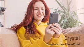  Presentation with online app - Presentation design having happy-millennial-caucasian-teen-girl background and a gold colored foreground