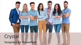  Presentation with community service happy volunteer group - Theme enhanced with happy mixed group of seven background and a coral colored foreground