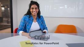  Presentation with work design - Presentation theme featuring happy-mixed-race-businesswoman-sitting background and a light blue colored foreground