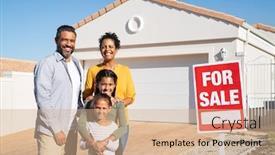  Presentation with new home - PPT layouts featuring happy-mixed-race-family-standing background and a coral colored foreground