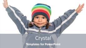  Presentation with hug - Beautiful presentation theme featuring happy mixed race little girl wearing a colorful beanie hat offering a hug with wide open arms isolated on white backdrop and a gray colored foreground