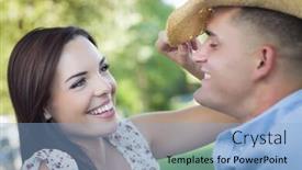  Presentation with cowboy hat - Theme with happy mixed race romantic couple with cowboy hat flirting in the park background and a light blue colored foreground