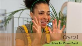  Presentation with lockdown - Beautiful presentation design featuring happy-mixed-race-woman-celebrating backdrop and a gold colored foreground