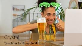  Presentation with beer - Presentation design enhanced with happy-mixed-race-woman background and a gold colored foreground
