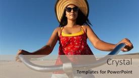  Presentation with happy holiday - PPT theme having happy-mixed-race-woman background and a mint green colored foreground