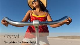  Presentation with happy holiday - Beautiful theme featuring happy-mixed-race-woman backdrop and a coral colored foreground
