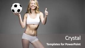  Presentation with soccer fitness - Audience pleasing PPT theme consisting of happy model holding a soccer ball young beautiful blonde woman in white fitness clothing on gray isolated background backdrop and a gray colored foreground