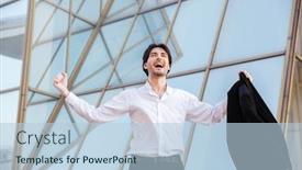  Presentation with good - Audience pleasing PPT theme consisting of happy-model-in-shirt backdrop and a light blue colored foreground