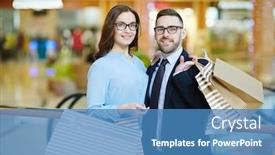  Presentation with weekend - Cool new PPT layouts with happy modern couple of businessman and his wife spending weekend in shopping-center backdrop and a teal colored foreground