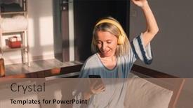  Presentation with high quality - Presentation design enhanced with happy-modern-female-wear-earphones background and a  colored foreground