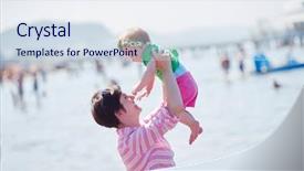  Presentation with baby walk - PPT theme featuring happy mom and baby on beach have fun while learning to walk and make first steps background and a sky blue colored foreground