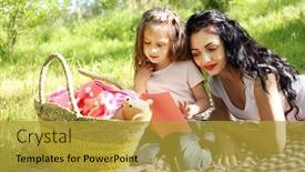  Presentation with mom daughter - Cool new slide set with happy mom and daughter picnic in the green park backdrop and a gold colored foreground