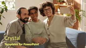  Presentation with living room family - PPT theme having happy-mom-making-selfie-portrait background and a tawny brown colored foreground