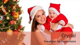  Presentation with baby tree - Colorful presentation design enhanced with happy mom wearing santa hat holding baby under christmas tree family concept isolated backdrop and a coral colored foreground