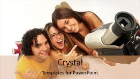  Presentation with share friends - Amazing PPT theme having happy moments - young friends sharing and recording backdrop and a coral colored foreground