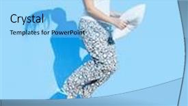  Presentation with older person holding pills - PPT layouts with happy morning concept woman holding a pillow jumping up on bed background and a light blue colored foreground