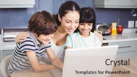 Presentation with working mother - Audience pleasing PPT theme consisting of happy mother and children working backdrop and a  colored foreground