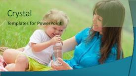  Presentation with bottle water - PPT theme enhanced with happy mother and daughter drinking clear water from bottle background and a mint green colored foreground
