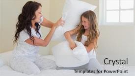  Presentation with fight - Colorful presentation enhanced with happy mother and daughter having pillow fight in bed at home backdrop and a light gray colored foreground