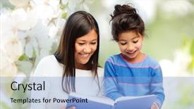  Presentation with school family - Theme with happy mother and daughter reading background and a light blue colored foreground