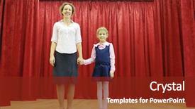  Presentation with stage curtains - Audience pleasing presentation theme consisting of happy mother and daughter stand on stage with red curtains and hold hands backdrop and a tawny brown colored foreground
