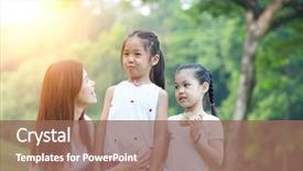  Presentation with flare - Presentation design consisting of happy mother and daughters in the park asian family outdoor lifestyle morning with sun flare background and a coral colored foreground