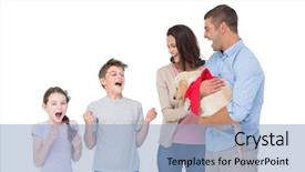  Presentation with gifting - Presentation design with happy mother and father gifting puppy to children over white background background and a light blue colored foreground