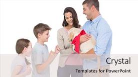  Presentation with gifting - Theme consisting of happy mother and father gifting puppy to children against white background background and a lemonade colored foreground