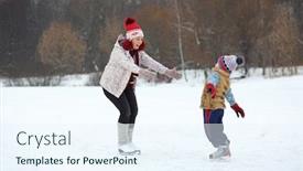  Presentation with skating - Audience pleasing PPT theme consisting of happy mother catches her cute little son skating on ice in winter day backdrop and a sky blue colored foreground
