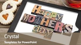  Presentation with tea cup - Slide set with happy mother day in vintage letterpress wood type on a digital tablet with a cup of tea and heart cookies background and a coral colored foreground