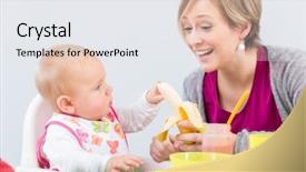  Presentation with food banana - Audience pleasing PPT theme consisting of happy mother giving a fresh backdrop and a sky blue colored foreground